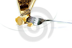 Portion of delicious chocolate cake on white background