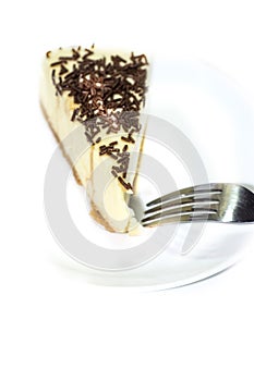 Portion of delicious chocolate cake on white background