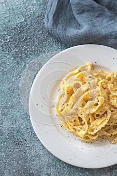 Portion of fettuccine Alfredo