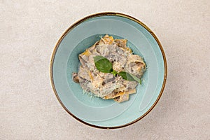 Portion of fettuccine pasta alfredo with chicken