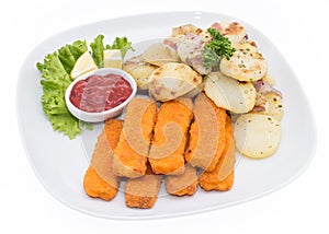 Portion of Fish Fingers with fried Potatoes