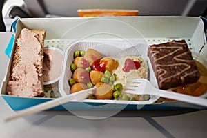 Portion of food for one passenger in cardboard box photo