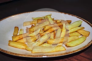 A portion of french fries on a white dish close-up
