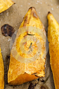 Portion of fresh baked sweet potato wedges