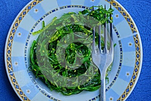 Portion of fresh green hiyashi salad in a plate with an iron fork on a blue table