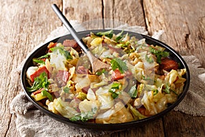 Portion of fried cabbage with bacon closeup on a plate on a table. horizontal