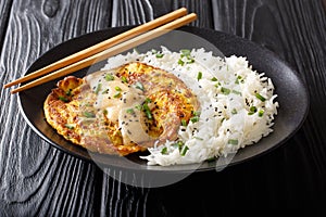 Portion of fried Chinese omelet Egg Foo Young served with a side dish of white rice close-up on a plate. Horizontal