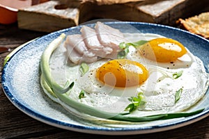 Portion of fried eggs with lard bacon. National Ukrainian or belorussian cuisine. Food recipe background. Close up