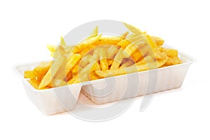 Portion of fries in disposable tray