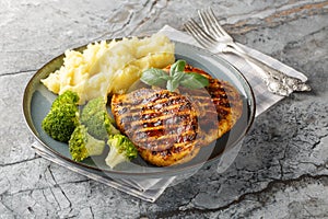 portion of grilled chicken breast with a side dish of mashed potatoes and broccoli close-up in a plate. Horizontal