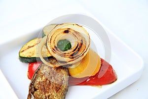 Portion of grilled vegetables on square plate with white space background, onion, eggplant, tomato, yellow pepper, red pepper, bro