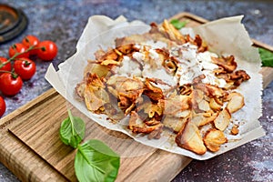 Portion of kebab Chicken duner gyros with french fries and garlic sauce on wooden board
