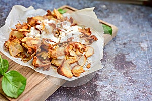 Portion of kebab Chicken duner gyros with french fries and garlic sauce on wooden board