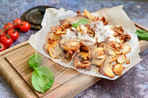 Portion of kebab Chicken duner gyros with french fries and garlic sauce on wooden board