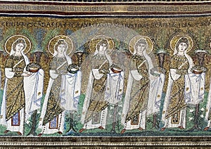 Portion lower left lateral wall mosaics inside the the Basilica of Sant Apollinare Nuovo in Ravenna, Italy.