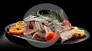 Portion of marinated baked fish presented on a plate and on a black background. Generative Ai photo