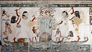 Portion of the north wall of a fresco decorated passageway leading to shrine with remains statues Menna and Henut-Tawy in TT69.