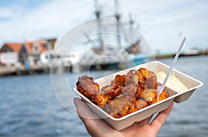 Portion of popular dutch street snack food called kibbeling, which consists of fried cod fish and a sauce