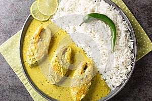 Portion of the popular Hilsa or Ilish fish stewed in mustard sauce with a side dish of white rice close-up in a plate. horizontal