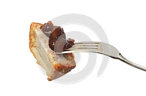 Pork pie and pickle on a fork