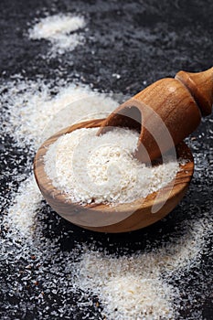 Portion of Psyllium Seeds on rustic dark background. Psyllium se