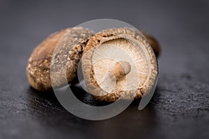 Portion of Raw Shiitake mushrooms, selective focus