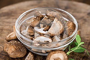 Portion of Raw Shiitake mushrooms, selective focus