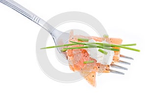 Portion of Salmon on a fork (white)