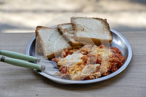 Portion of shakshuka on a plate. Middle eastern traditional dish with fried eggs, tomatoes, bell pepper and vegetables