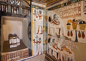 Portion of shine and fresco decorated passageway leading to the shrine with remains statues Menna and Henut-Tawy in TT69.