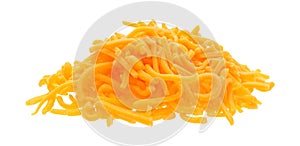 Portion of shredded sharp cheddar cheese on white background