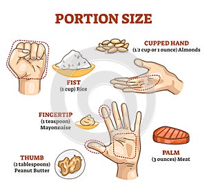 Portion size measurement and calculation for healthy diet outline diagram photo