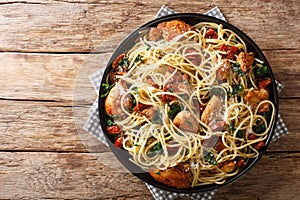 Portion of spaghetti with dried tomatoes, sliced chicken, Parmesan and spinach, close-up on a plate. Horizontal top view