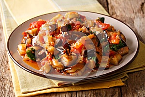 Portion of spicy fried eggplant, tomatoes and garlic with parsley closeup. horizontal