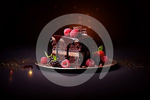 Portion of sweet chocolate cake with summer berries. Generative AI
