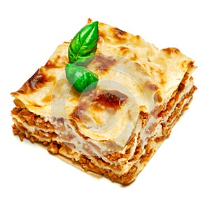 Portion of tasty lasagna isolated on white