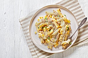 Portion of Tuna Mornay on plate, top view