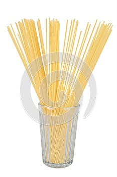 a portion of uncooked spaghetti pasta in a faceted glass