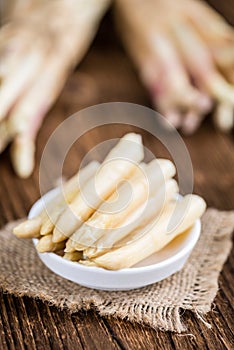 Portion of white Asparagus (close-up shot)