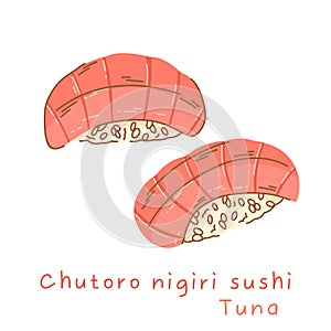 Portioned chutoro nigiri sushi with tuna on rice side view and three quarter view