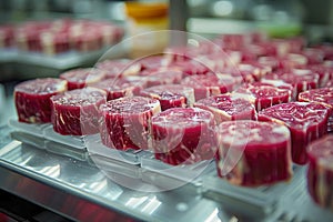 Portioned cultured meat pieces neatly arranged on a tray, showcasing the potential of lab-grown protein as a sustainable