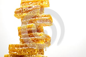 Portions of fresh honeycomb on a white background. vitamin natural food. bee work product