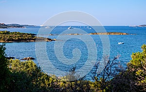 Portisco, Sardinia, Italy - Panoramic view of Tyrrhenian Sea harbor at Costa Smeralda Emerald Cost by Portisco seaside resort town