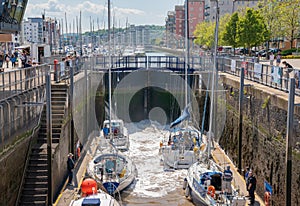 Portishead Marina, Yachts waiting to enter Marina via entrance lock gates, North Somerset