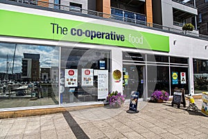 Portishead, UK- August 10, 2023: The retail shop of co-operative food store. Co-operative Group trading as the Co-op, is a British