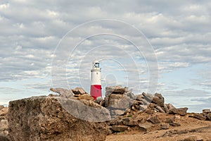 Portland Bill Lighthouse. Dorset coast in Isle of Portland, UK.