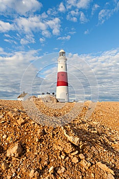 Portland Bill Lighthouse. Dorset coast in Isle of Portland, UK.