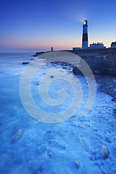 The Portland Bill Lighthouse in Dorset, England at night