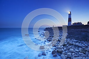 The Portland Bill Lighthouse in Dorset, England at night