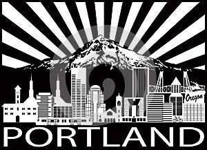 Portland City Skyline and Mount Hood Black White vector Illustration